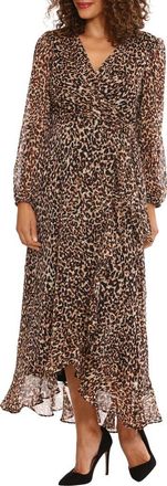 London Times Chiffon Ruffle Long Sleeve Midi Dress in Beige Brn at Nordstrom Rack, Size 2