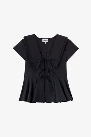 Ganni Black Blouse in Cotton Poplin - Size 10/12 Organic
