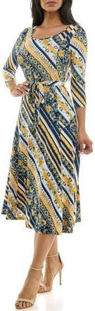 Nina Leonard Floral Stripe Three-Quarter Sleeve A-Line Dress in Yellow Multi at Nordstrom Rack, Size X-Large