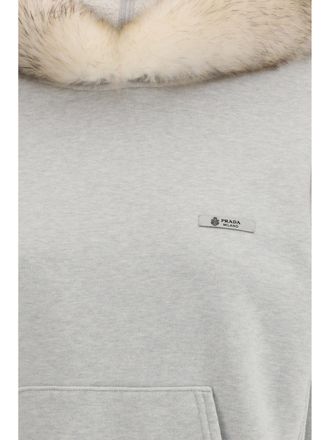Prada Womens Hoodie Shearling-Lined Grey Melange Cotton Sweatshirts Sweater