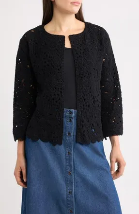Anne Klein Openwork Floral Cotton Cardigan in Anne Black at Nordstrom, Size Xx-Small