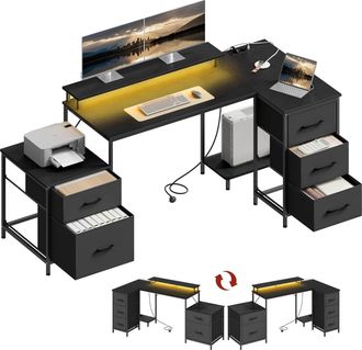 Woltu Woltu Escritorio Esquinero Giratorio En Forma De L Con Luces Led, 5 Cajones Y 2 Estantes, Negro