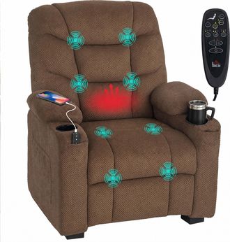 HOMCOM Homcom Sill&oacute;n Relax Reclinable El&eacute;ctrico Calor Lumbar Y Masaje Vibraci&oacute;n, Motor Silencioso, Funci&oacute;n Memoria, Asiento Ancho, Bolsillos, Portavasos, Usb