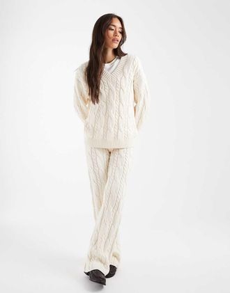 4th & Reckless Pantaloni a fondo ampio color crema in maglia lavorata a trecce di misto cotone in coordinato-Bianco