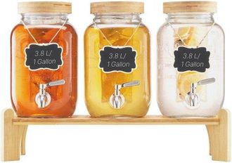 OEM Dispensador De Bebidas, 3 Uds, 3.8 L, Para Fiestas, Dispensador De Jugo De Vidrio Con Soporte De Madera, Grifo De Acero Inoxidable, Infusor, Para T&eacute; H