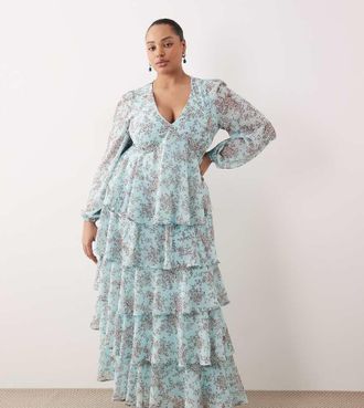 Pretty Lavish Curve Vestito lungo blu a fiori con volant-Marrone