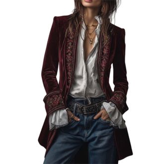 Generic Vintage Navy Polyester Velvet Embroidered Long Jacket, Velvet Blazer Jacket for Women Open Front Steampunk Outerwear (Purple-Red,XXL)