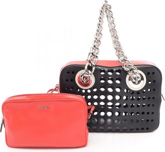 Prada Black Red Color Leather Handbag Pouch Tote Bag (Pre-Owned)
