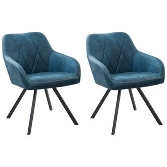 Beliani Conjunto De 2 Sillas De Comedor De Tela Azul Marino Con Reposabrazos Respaldo Acolchado Patas Met&aacute;licas Negras Retro Monee