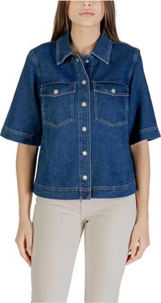 Only Blauw Katoenen Ronde Hals Shirt - Dames - Spijkeroverhemden - Blauw - S - Katoen - Overhemden