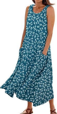 Generic UK Occasion Dresses Wedding Casual Flowy Loose Floral Print Crew Neck Sleeveless Dresses Maxi Tank Dress with Pockets Floral Midi Dress (Cyan, L)