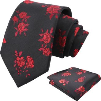 Alizeal Mens 8cm Floral Necktie with Hanky Classic Fashion Business Tie and Handkerchief Set, Black+Red