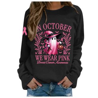 Generic WomenS Halloween Sweatshirt Without Hood Breast Cancer For WomenS Ghost Print T-Shirt, October Pink T-Shirt Womens Round Neck Sweatshirts Long Sleeve 