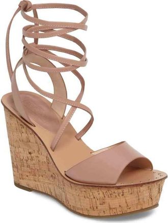 Topshop Women Leather Ankle Wrap Cork Wedge Sandals In Pink