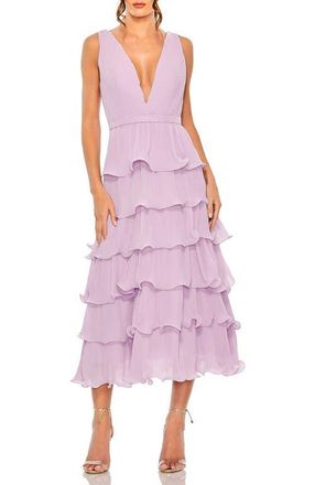 Mac Duggal Deep V Chiffon Sleeveless Ruffle Midi Dress in Orchid at Nordstrom, Size 14