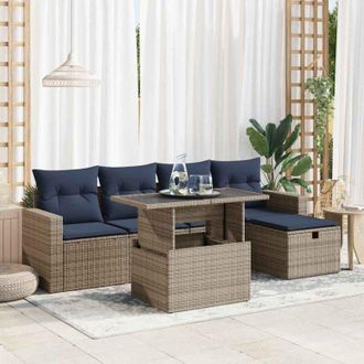 vidaXL Juego Sof&aacute; Jard&iacute;n 6 Piezas Con Cojines Gris Poli Rat&aacute;n Vidaxl