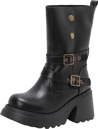 Generic Womens Retro Mid Calf Boots Round Toe Super High Chunky Heel Platform With Buckle Decoration Slip On Style
