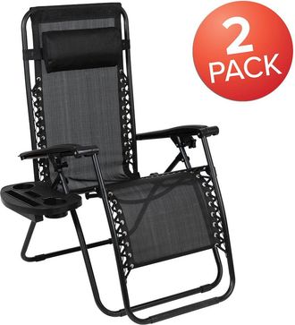 Flash Furniture Adjustable Folding Mesh Zero Gravity Reclining Lounge Chair with Pillow and Cup Holder Tray in Black, Set of 2