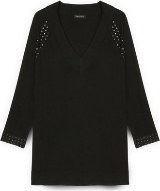 Fiorella Rubino Trui met studs op schouders en manchetten - Dames - V-hals truien - Zwart - XS - Polyester - Truien & Vesten