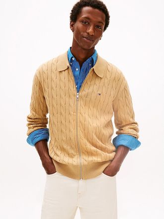 Tommy Hilfiger Mens Cable Knit Zip Polo Cardigan - Beige - XS