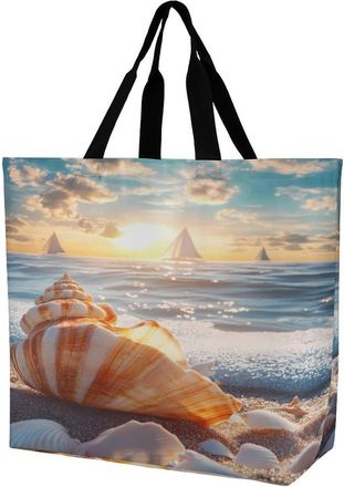 Generic Beach Seashell Boat Sunset Tote Bag Reusable Grocery Shopping Bags Large Travel One Shoulder Handbag for Picnic Work