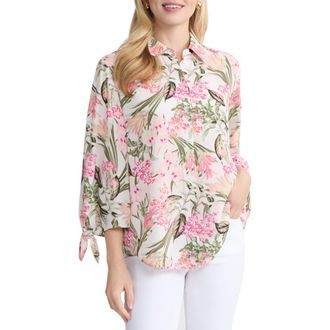 Jones New York Floral Tie Sleeve Button-Up Shirt in White Sand Multi at Nordstrom, Size X-Large