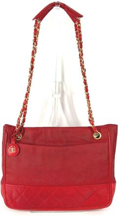 Chanel Red Color Leather Coated Canvas Shoulder Bag Tote Bag (Pre-Owned)
