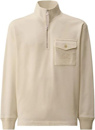 C.P. Company C.p. Company, Hoodies & sweatvesten, Heren, Wit, M, Katoen, Diagonal Raised Fleece Half Zip Sweatshirt