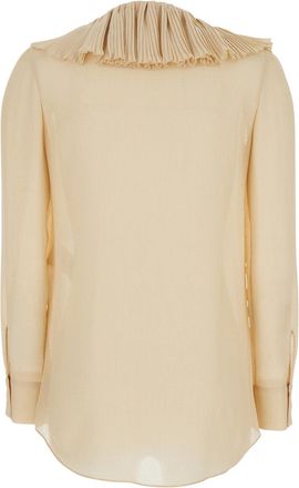 Saint Laurent Womens Beige Silk Blouse With V Neck And Ruffles Blouses Shirt