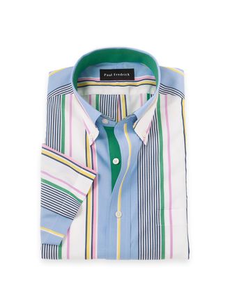 Paul Fredrick Non-iron Cotton Stripe Short Sleeve Dress Shirt With Contrast Trim