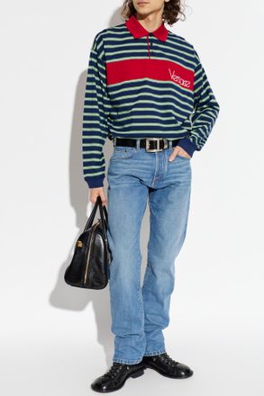 Versace Striped Polo Shirt, Mens, Navy Blue
