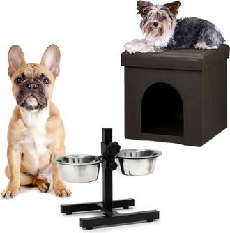 Relaxdays Set 2 Accessori Home Sweet Deluxe m Cuccia e Mangiatoia Doppia per Cani Sgabello con Apertura, Ciotole Rialzate, Marrone