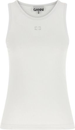 Ganni White Logo Round Neck Top