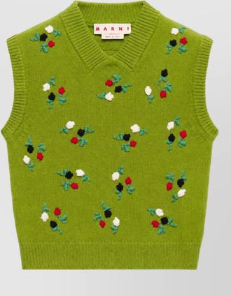 Marni cashmere floral-embroidered ribbed v-neck sleeveless knitted top