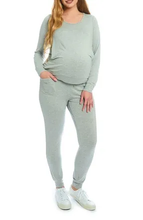 Everly Grey Whitney During & After 2-Piece Maternity/Nursing Top & Pant Set in Heather Grey Solid at Nordstrom, Size X-Large