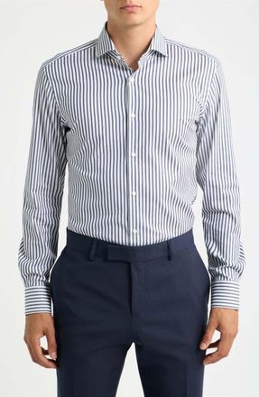 BOSS Hank Slim Fit Striped Dress Shirt in Dark Blue at Nordstrom, Size 14.5