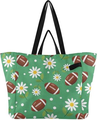 Generic Football Flower Green pattern Reusable Canvas Tote Bag, Heavy Duty Grocery Shopping Bag with Hard Bottom Large Capacity Double Handles Work Groceries 