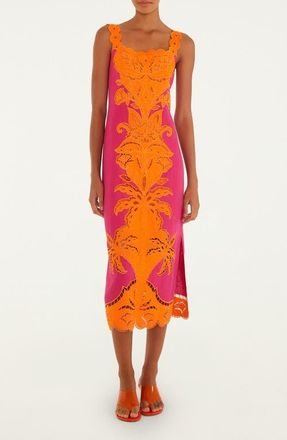 Farm Rio Cutwork Detail Linen Dress in Pink And Orange at Nordstrom, Size X-Small