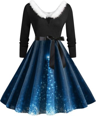 Generic Christmas Dress Womens V Neck Long Sleeve Winter Dress Elegant Perfect Party Printed Xmas Costume Swing Dresses Womens Christmas Sweatshirt Outfits Sw