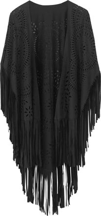 Feoya Womens Fringe Shawl Black Ladies Tassel Cape Faux Suede Wraps Open Front Poncho Cape Asymmetric Hollow Out Cardigan Loose Hippie Oversized Shawls and 