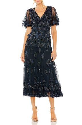 Mac Duggal Womens Floral Appliqu&eacute; Embellished Flutter Sleeve Midi Dress in Midnight at Nordstrom, Size 10