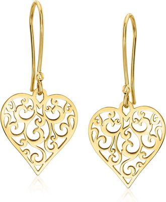 Ross-Simons Italian 14kt Yellow Gold Filigree Heart Drop Earrings