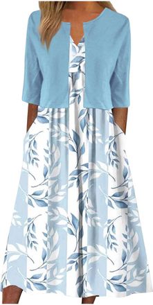 Generic Mrat Womens Elegant Dress Suits Two Piece Cardigans Set Short Sleeve Cropped Cardigan Tops Floral Print Maxi Dresses Summer Casual Outfits Ladies Work