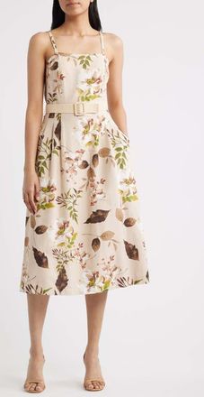 Tahari by ASL Floral Print Sleeveless Belted Midi Dress in Sand Agave at Nordstrom, Size 16