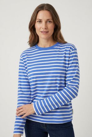 Marc O'Polo Denim Longsleeve MARC OPOLO DENIM, Damen, Gr. L, medium blau, Jersey, Obermaterial: 100% Baumwolle, geringelt, regular fit normal, Rundhals, Shirts Longslee