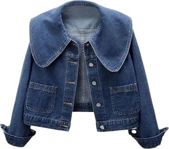 Generic Womens Versatile Ruffled Collar Button Short Denim Jacket Vintage Long Sleeves Pockets Sweet Coat Blue 3XL