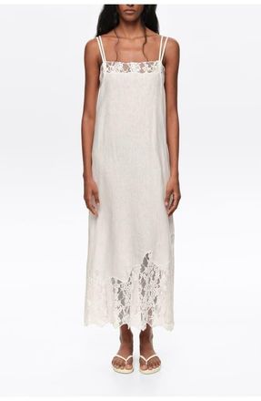 Bimba & Lola Washed Linen Lace Midi Dress in White at Nordstrom, Size Xx-Small Eu