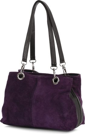 LiaTalia Lush Italian Suede Womens Twin Handle Multi Zip Pockets Small Shoulder Bag - Holly (Purple)