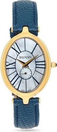 Balmain Haute Elegance Oval Leather Strap Watch, 26mm x 32mm in Yellow Gold Blue at Nordstrom