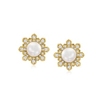 Ross-Simons 5.5-6mm Cultured Pearl and. Diamond Earrings in 18kt Gold Over Sterling
